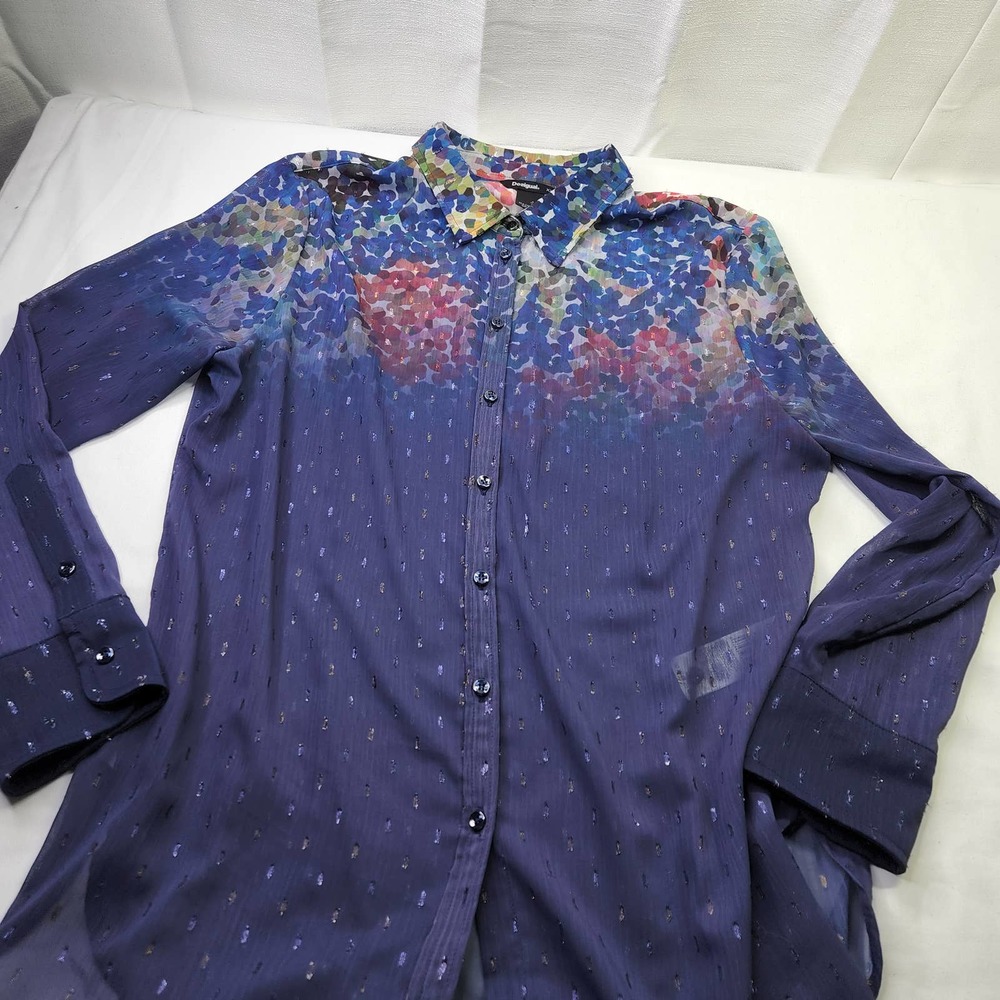 Desigual Purple Sheer Blouse With Shimmer Long Sleeves Size XXL Spain